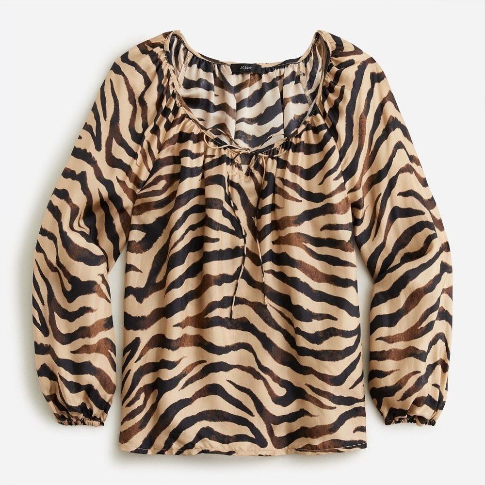 J.Crew Drapey Tie Front Zebra Print Blouse Sandy Beach XL